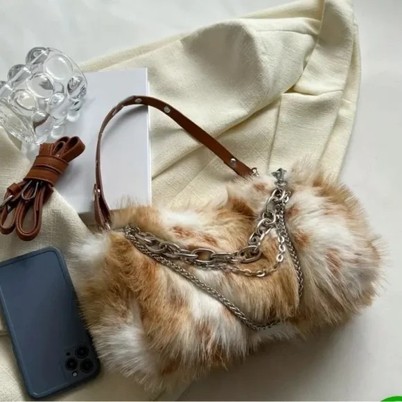 Tan Plush Chain Handbag - Picture 3 of 12